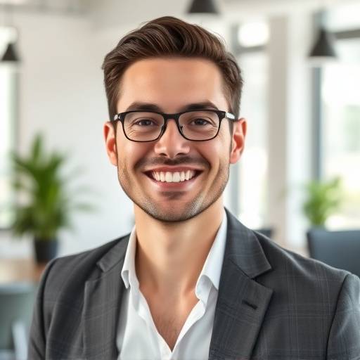 Fotografia de um profissional sorrindo em um ambiente de trabalho moderno