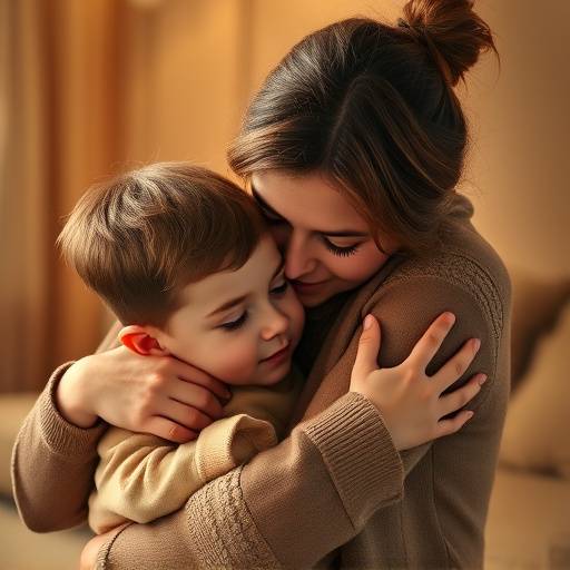 Mãe abraäando seu filho pequeno com carinho