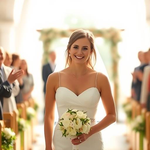 Noiva sorrindo enquanto caminha em direäão ao altar